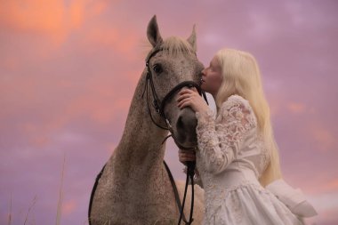 Beyaz elbiseli genç albino kadının portresi gri atın yanında duruyor ve gün batımının arka planında sarılıyor..