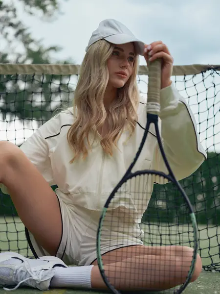 Tenis antrenmanından sonra tenis sahasında dinlenen, raketle ağda oturan genç atletik kadına yakından bakın..