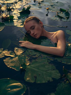 Gölde yüzen ve gün batımında yaprakların ve sarı nilüferlerin arasında dinlenen genç bir kadın. Arka ışık. Yakın plan. Yaz havası, rahatlama ve doğal güzellik..