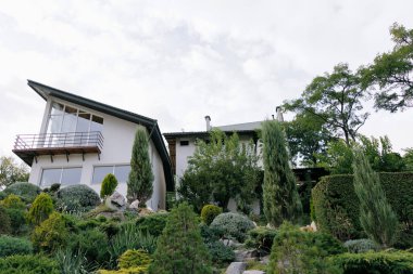 Geniş pencereli ve balkonlu çağdaş beyaz ev, bulutlu bir gökyüzünün altındaki eğimli bir bahçe tepesinde kozalaklı ağaçlar, çalılar ve taşlar içeren güzel katmanlı manzara tasarımı ile çevrili..