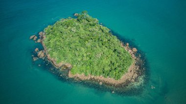 Tepesinde orman olan küçük bir ada, kayalar ve turkuaz deniz suyu, tepeden tırnağa manzara, insansız hava aracı manzarası, tropik hava aracı manzarası, yaz - Ilha do Maracuja - Ubatuba - Sao Paulo - Brezilya