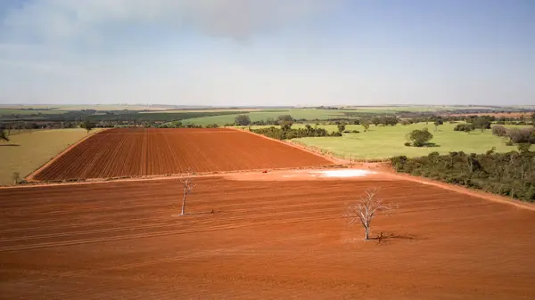 stock image Aerial view of freshly prepared agricultural land in the interior of So Paulo, highlighting sustainable farming practices and vibrant landscapes