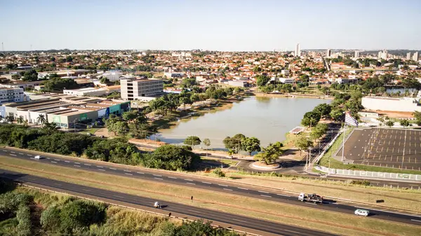 stock image Aerial drone view of Barretos, SP, capturing the city's unique layout, iconic landmarks, and vibrant urban life