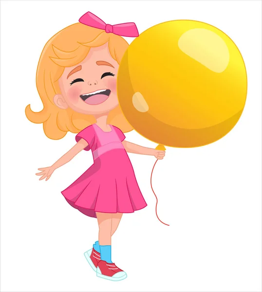 Χαριτωμένο Κοριτσάκι Ένα Ροζ Φόρεμα Κρατώντας Ένα Μπαλόνι Χαμογελώντας Διάνυσμα — Διανυσματικό Αρχείο