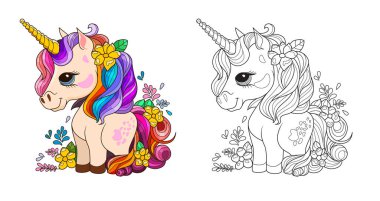 Renkli yeleli şirin tek boynuzlu at çizgi filmi