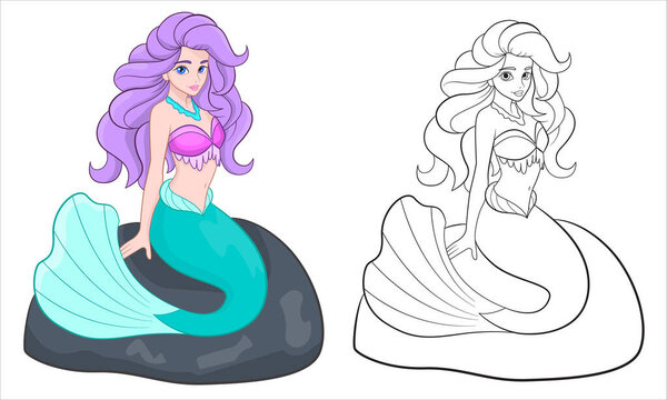 mermaid sitting on a stone vector drawing coloring book
