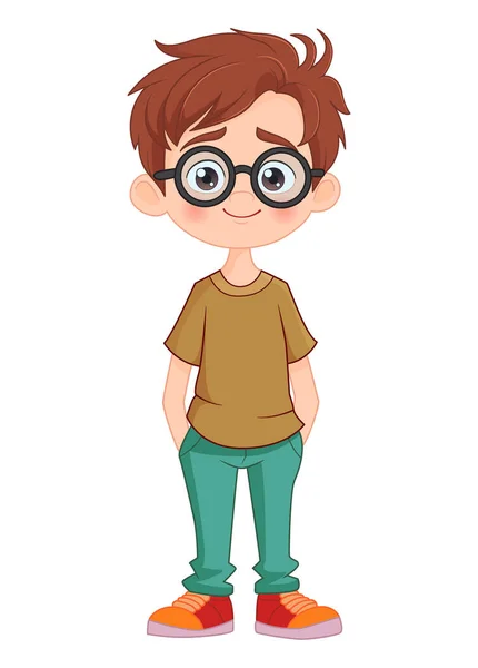 Boy Glasses Stands His Hands His Pockets — Stock Vector