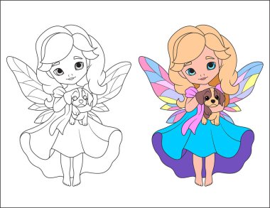 Küçük peri elinde bir köpek yavrusu tutuyor.