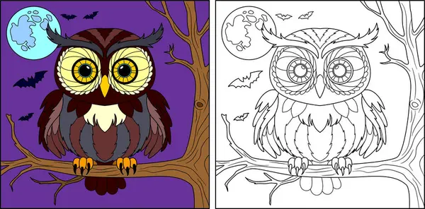 Owl Sitting Tree Halloween Night Bat — Stock Vector