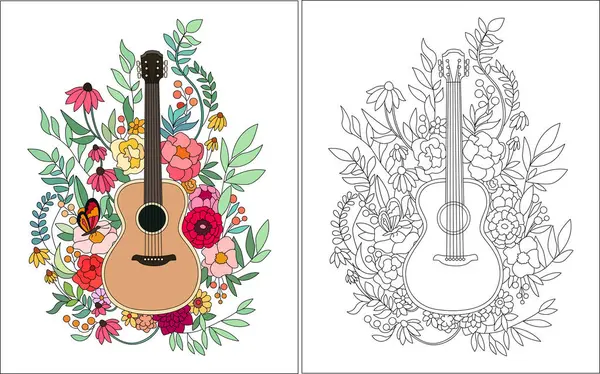 Guitar Background Flowers Beautiful Background Coloring Book — Stock Vector