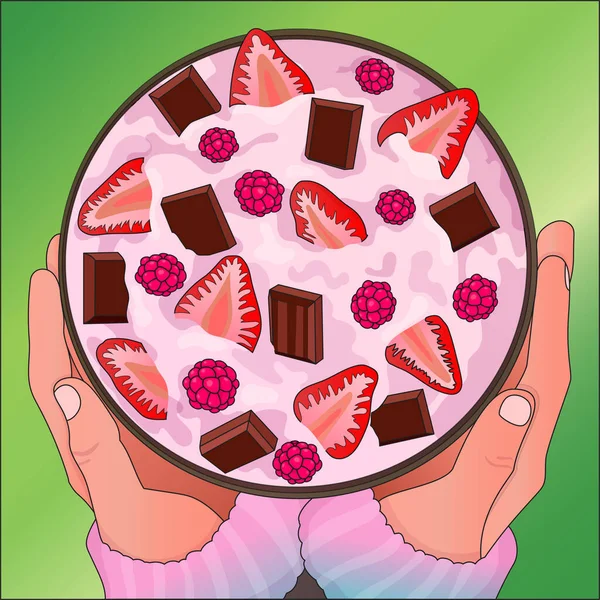 Iaurt Budincă Terci Fructe Ciocolată Colorat Carte Mâini Vedere Sus — Vector de stoc