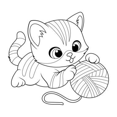 Çocuklar için iplik boyama sayfası olan gülümseyen kedi yavrusu.