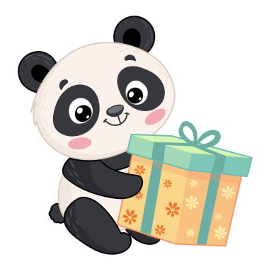 Hediye kutusu tutan sevimli bir panda. Çocuklar için İllüstrasyon