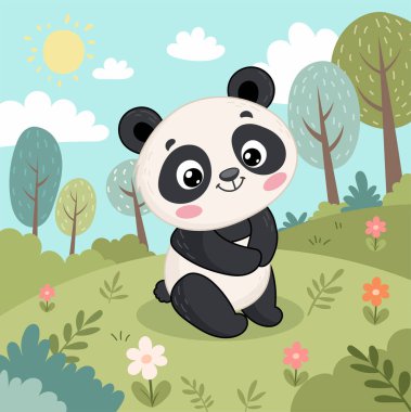 Ormandaki çimlerin üzerinde oturan sevimli panda. Çocuklar için illüstrasyon