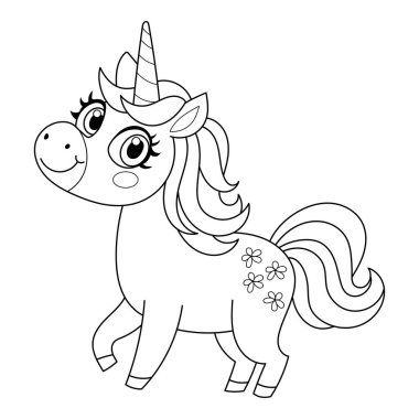 Çocuk vektör illüstrasyonu için şirin unicort boyama kitabı