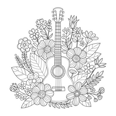 Çiçeklerin arka planında gitar Yetişkinler için güzel arkaplan boyama kitabı