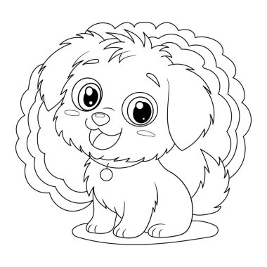 Çocuklar için sevimli pofuduk köpek boyama kitabı. Vektör illüstrasyonu
