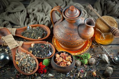 Eski bir arka planda kaşıkta kuru çay yaprakları.