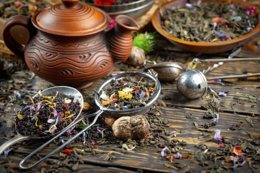 Eski bir arka planda kaşıkta kuru çay yaprakları.