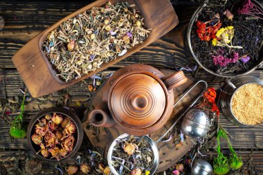 Eski bir arka planda kaşıkta kuru çay yaprakları.