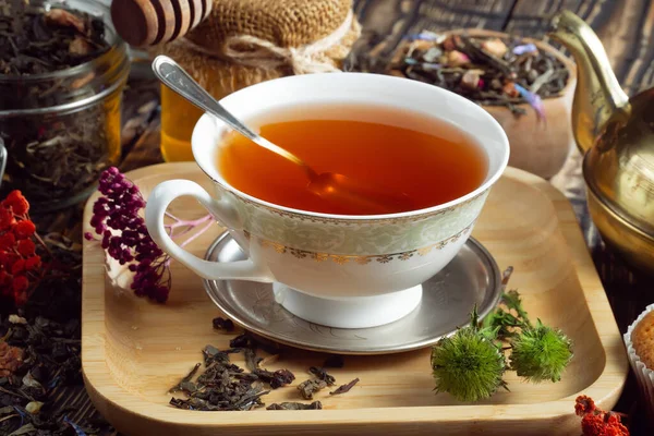 Гарячий Солодкий Чай Чашці Старому Тлі — стокове фото