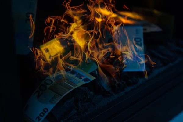 Argent Brûle Billets Euros Flammes — Photo