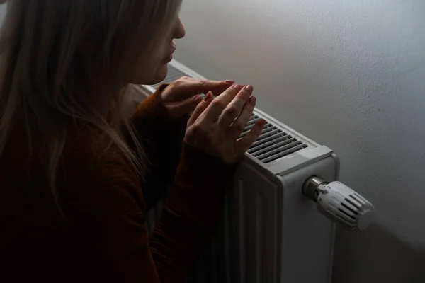 Heating Season Woman Warms Her Hands Heater —  Fotos de Stock