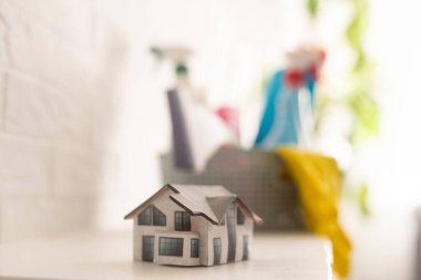 Oda servisi konsepti. Temizlik için ürünler ve oyuncak ev..