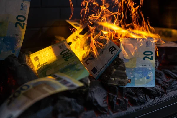 Money burns. Euro banknotes burning in flames.