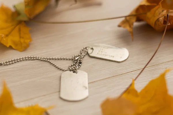 Dry Autumn Leaves Military Tag — Stock Photo, Image