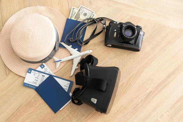 Passport Tickets Toy Plane Camera Virtual Glasses Virtual Reality — Fotografia de Stock