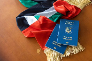 Kiev, Ukrayna - 16.04.2022: Ukrayna pasaportu, BAE bayrağı.