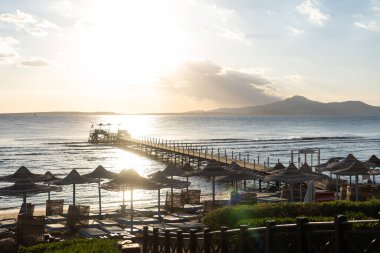 Plajda gün batımında palmiye ağaçları, şemsiyeler ve güneş yatakları. Aile Tatilleri Denizde