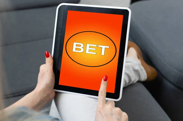 Hands Woman Holding Online Betting Device All Screen Graphics Made — Stock Photo, Image