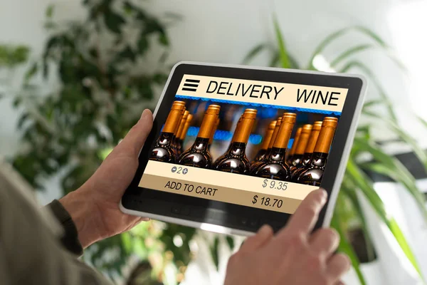 Person Holding Tablet Buying Wine Online — Foto de Stock
