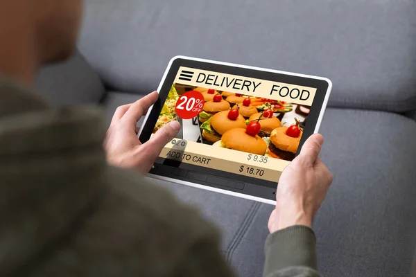 Hands Holding Digital Tablet App Delivery Food Wine Screen — Zdjęcie stockowe