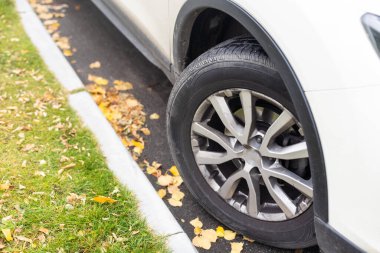 Beyaz araba ve sonbahar, yol.