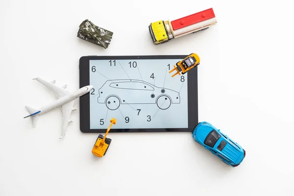 Different Types Toy Transport Tablet — Zdjęcie stockowe
