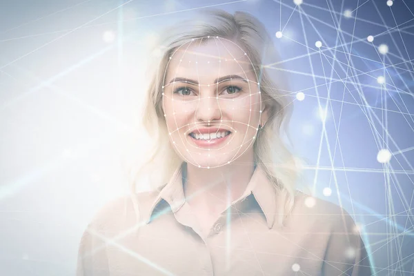 Biometric verification of a modern young woman. The Concept of a new technology of face recognition on polygonal grid is constructed in the points.