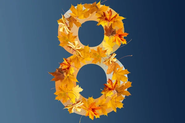 カラフルな秋の葉の数8 秋の葉の7つのメイドの枢機卿番号 秋のデザインフォントのコンセプト 多色の葉で作られた季節の装飾的な美しいタイプ — ストック写真