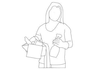 Temizlikçi kadın çizgisi simgesi. Elinde paspas ve leğen olan illüstrasyoncu kadın. Hizmetçi..