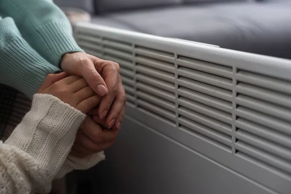 Electric Heater People Warming Themselves Covered Warm Blanket Home Hands — Stock Photo, Image
