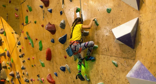 Juniorinnen Klettermädchen Shirt Hängt Kletterwand Der Sporthalle — Stockfoto