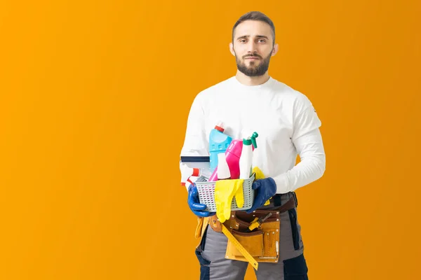 Trabalhador Mais Limpo Luvas Com Detergentes — Fotografia de Stock