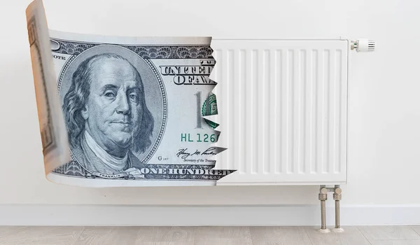 Radiator Met Dollarbiljetten Close Begrip Verwarmingsseizoen — Stockfoto