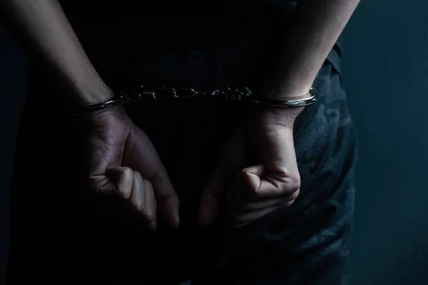 Male Hands Handcuffs Black Background —  Fotos de Stock