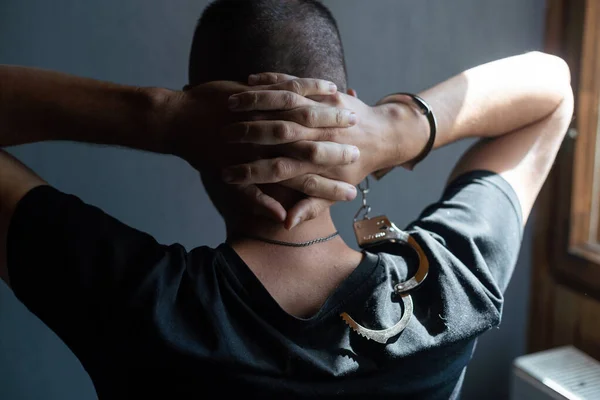 Male Hands Handcuffs Black Background — Fotografie, imagine de stoc
