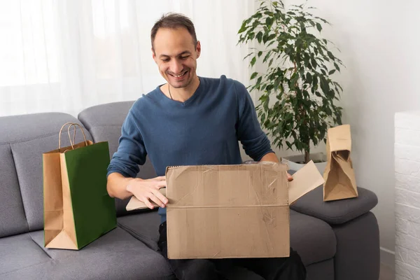 Present Distant Friend Happy Millennial Man Unpack Open Box Birthday — Stock Photo, Image