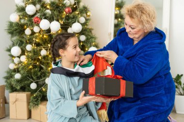 Kış tatili ve aile kavramı - mutlu büyükanne ve torun evde noel ağacının yanında bayraklı.