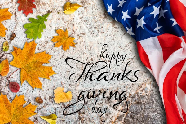 stock image Happy Thanksgiving. USA American flag. Fall decor with autumn leaves. Banner design, panoramic image, text